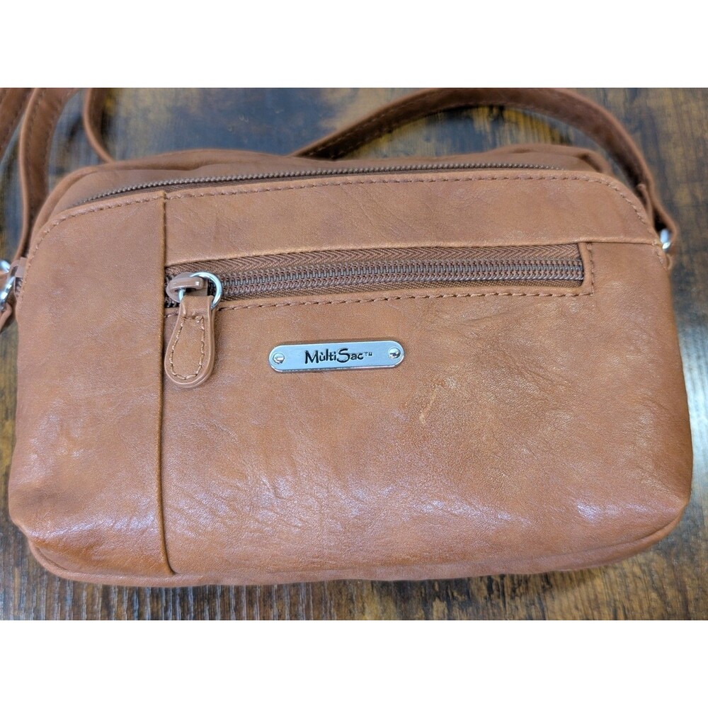 MultiSac Mini Dynamic Crossbody Bag Cognac/ Camel Bwn Fnt. Zip Pockets Adj Strap
